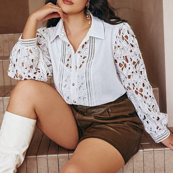 White Elegant Women's Lace Patchwork Ruffle Trim Front Button Long Sleeve Blouse - Picture 6 of 7